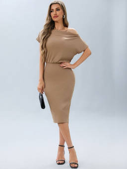 Oh Rare - Beige Women's Solid Color Pit Stripe One-Shoulder Dress