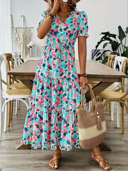 Oh Rare - Multi-Color Women Short-Sleeved Printed Long Swing Dress