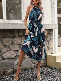 Oh Rare - Teal Women Neck Belt Style Waist Sleeveless Mid-Length Dress with Belt