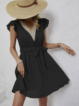 Oh Rare - Black Women V-Neck Casual Mid-Length Dress with Belt