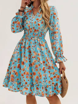 Oh Rare - Blue Women Long-Sleeved Printed Waist-Length Dress