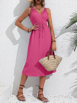 Oh Rare - Pink Women V-Neck Waist Comfortable Mid-Length Dress
