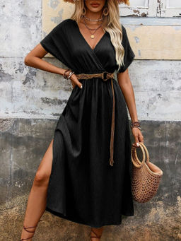 Oh Rare - Black Women Waist V-Neck Open Solid Color Long Dress