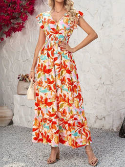 Oh Rare - Multi-Color Women Printed Waist-Length Ruffled Ladies Long Dress