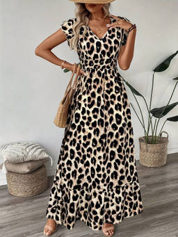 Oh Rare - Beige Women Hot Style Printed Leopard Print Waist Long Dress