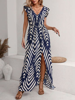 Oh Rare - Navy Blue Women Printed V-Neck Long Dress