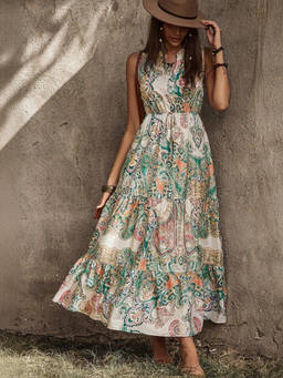 Oh Rare - Cream Women Printed Ruffled Long Sleeveless Dress