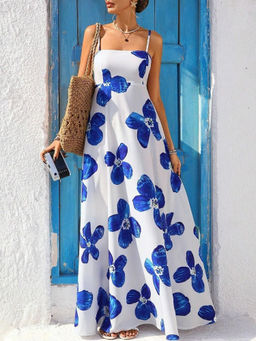 Oh Rare - White Women Printed Casual Suspender Long Backless Dress