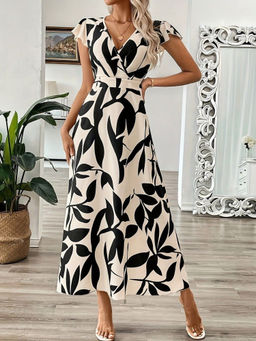 Oh Rare - Cream Women Printed Waist V-Neck Long Dress