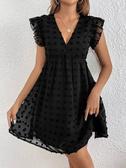 Oh Rare - Black Women Ruffle Sleeve V-Neck Dress