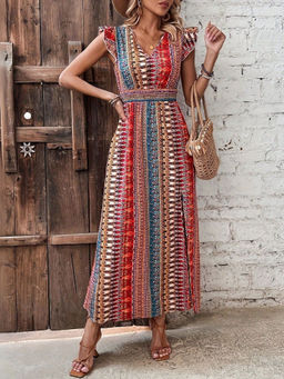 Oh Rare - Multi-Color Women Printed Waist-Hugging V-Neck Front-Slit Long Dress
