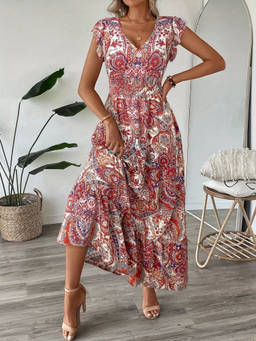 Oh Rare - Multi-Color Women V-Neck Printed Waist-Length Long Dress