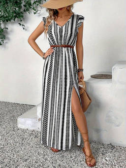 Oh Rare - White Women Printed Lotus Leaf Sleeves Front Slit Long V-Neck Casual Dress