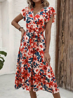 Oh Rare - Multi-Color Women Printed V-Neck Ruffled Long Casual Style Dress with Belt