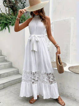 Oh Rare - White Women Halter Neck Fashion Seaside Sleeveless Dress with Belt