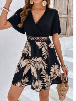 Oh Rare - Black Women French Tropical Print Cover Waist Lace Dress