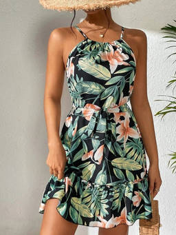 Oh Rare - Black Women Printed Casual Halter Neck Dress with Belt