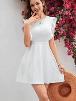 Oh Rare - White Women Ruffled Casual Hollow Dress