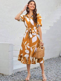 Oh Rare - Mustard Women Floral Print Shirt Dress With Tie-Up Belt