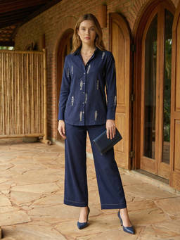 ZUMMER - Blue Cotton Embroidered Shirt Co-ord Set