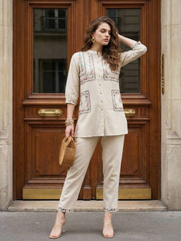 ZUMMER - Off White Cotton Floral Embroidered Co-ord Set