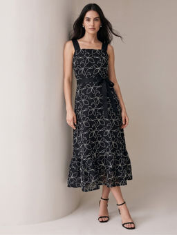 Outzidr - Black Fit And Flared Midi Embroidered Dress With Belt