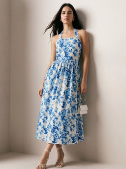 Outzidr - Blue A-Line Backless Printed Smocking Detail Dress