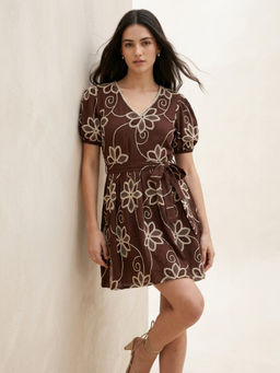 Outzidr - Brown Flared Mini Embroidered Dress with Belt