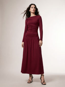 Outzidr - Burgundy Round Neck All Over Ruched Flared Bottom Dress