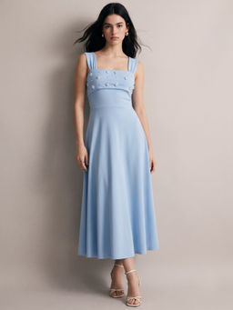 Outzidr - Blue Square Neck Fit And Flare Pearl Embellishments Dress