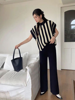 MISS MOSA BY AKANKSHA - Black and White Striped Co Ord Set (Set of 2)