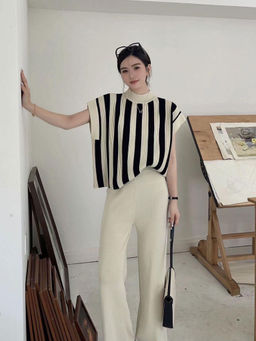 MISS MOSA BY AKANKSHA - Beige and White Striped Co Ord Set (Set of 2)