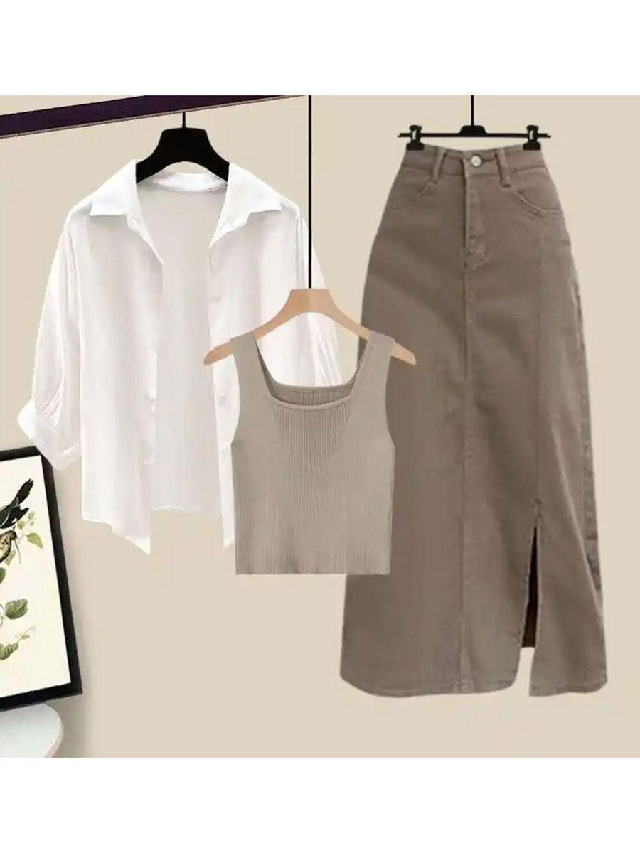 Alamode Label Brown and White Solid Co Ord Set (Set