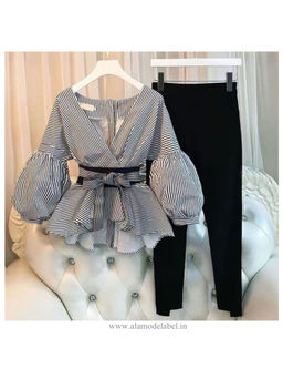 MISS MOSA BY AKANKSHA - Black and White Striped Co Ord Set (Set of 2)