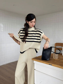 MISS MOSA BY AKANKSHA - Beige and Black Striped Co Ord Set (Set of 2)