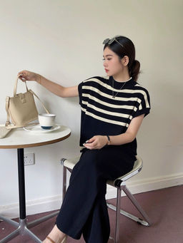 MISS MOSA BY AKANKSHA - Black and White Striped Co Ord Set (Set of 2)