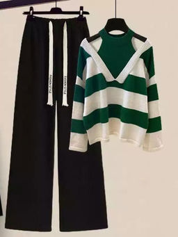 MISS MOSA BY AKANKSHA - Green and Black Striped Co Ord Set (Set of 2)