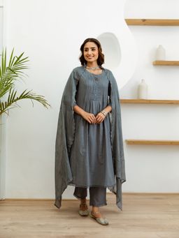 Nehamta - Womens Grey Cotton Kurta with Pant & Dupatta (Set of 3)