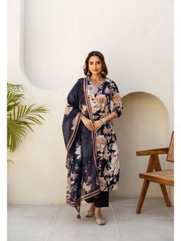 Nehamta - Womens Navy Blue Cotton Kurta with Pant & Dupatta (Set of 3)