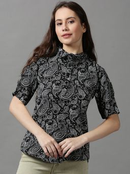 SHOWOFF - Women's Roll-up Sleeves Ethnic Motifs Black Regular Top