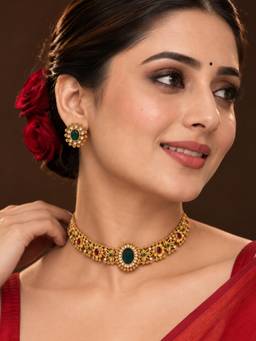 Niscka - Gold Plated Multicolour Stone Floral Choker Necklace and Earrings