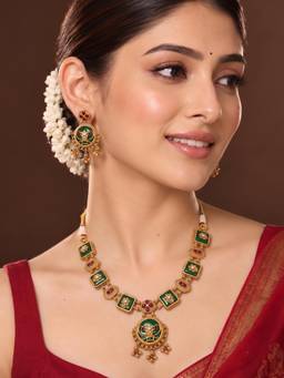 Niscka - Gold Plated Green and Red Stone Floral Necklace and Earrings