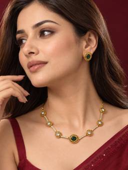 Niscka - Gold Plated Green Stone and Kundan Necklace and Earrings