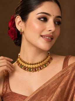 Niscka - Antique Gold Plated Temple Coin Red and Green Stone Necklace and Earrings Set
