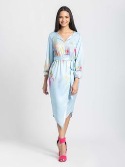 SHAYE - Blue Floral Print Casual Dress with Belt