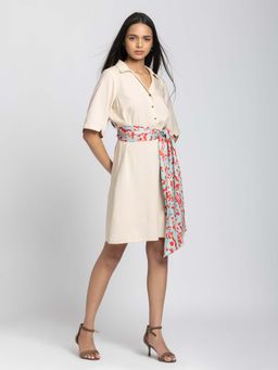 SHAYE - Beige Spread Collar Solid Dress with Belt