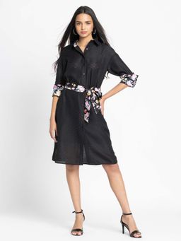SHAYE - Black Solid Shirt Collar Full Sleeves Casual Dress with Belt