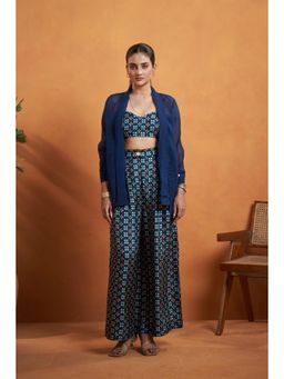 AFFROZ - Women Navy Blue Jacket with Printed Bustier and Pant