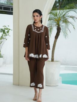 House of Chikankari - Brown Cotton Slub Chikankari Top with Pant