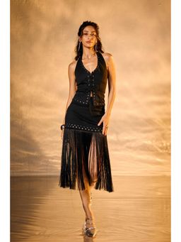 Lea Clothing - Siren Black Rivet and Fringe Midi Skirt
